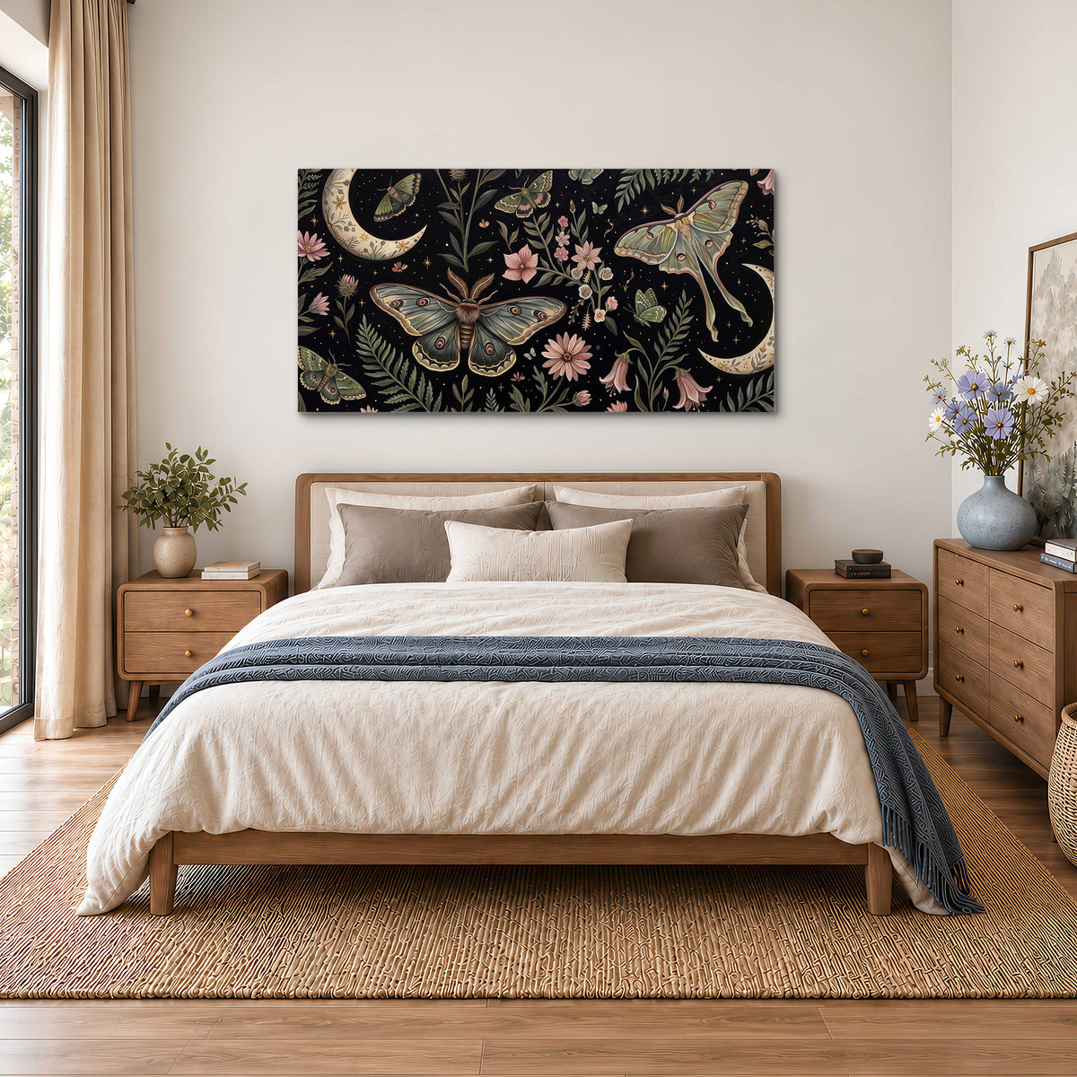 Decorative moths, crescent moons and flowers on black single canvas wall art styled in an interior