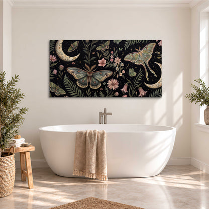 Decorative moths, crescent moons and flowers on black single canvas wall art styled in an interior