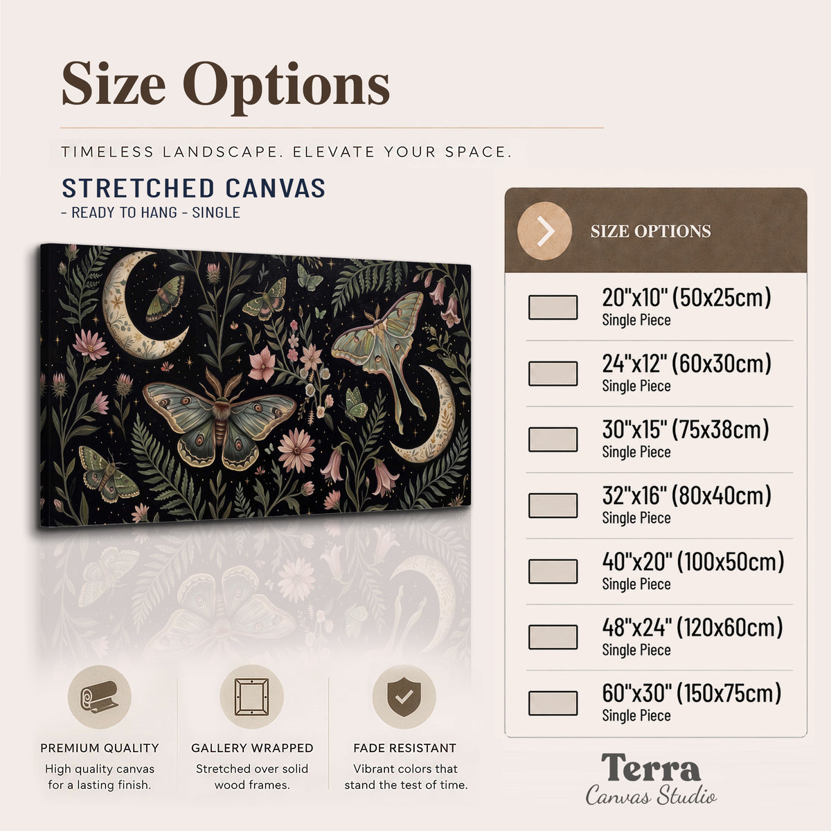 Decorative moths, crescent moons and flowers on black single canvas wall art available dimensions