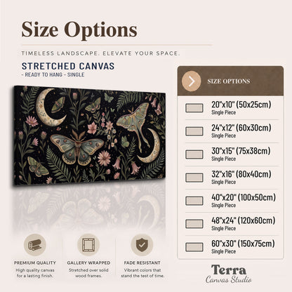 Decorative moths, crescent moons and flowers on black single canvas wall art available dimensions