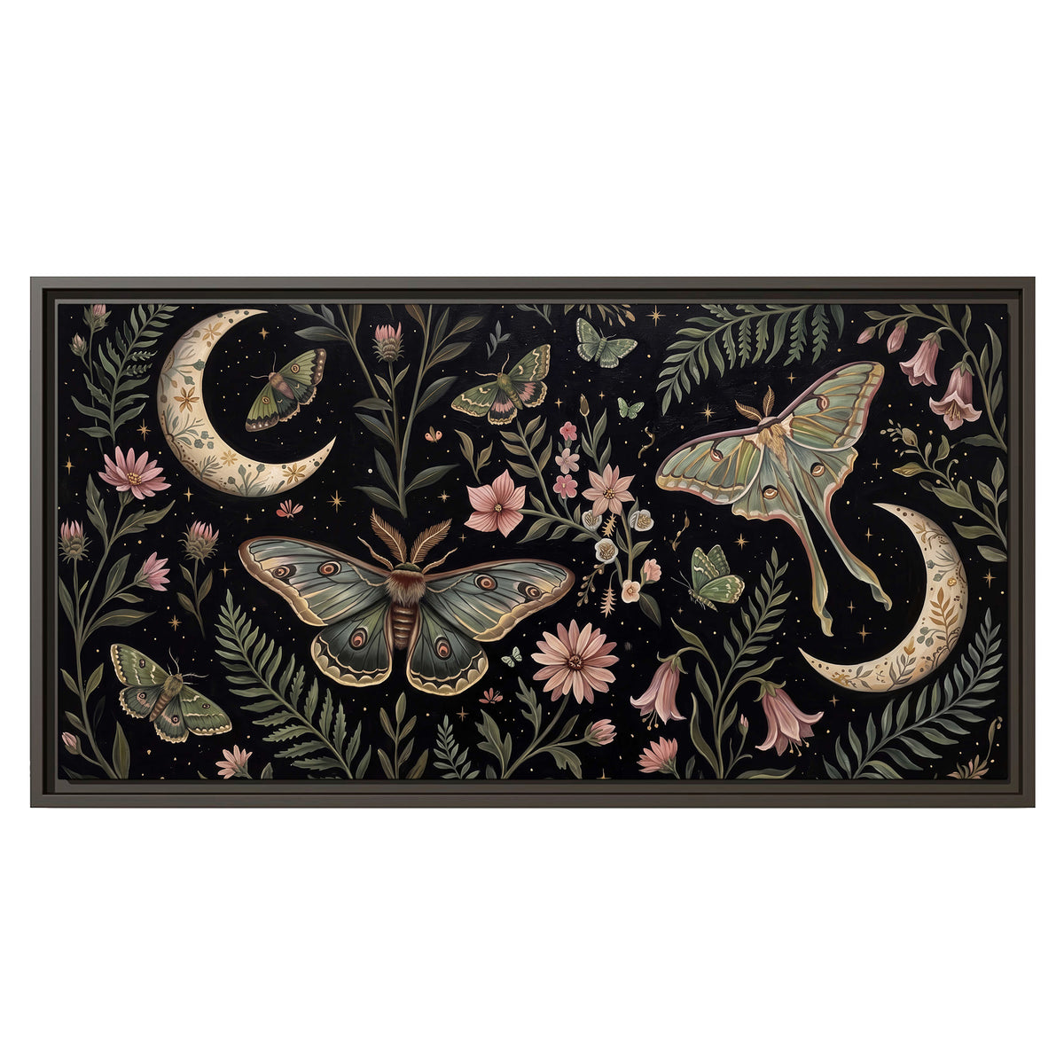 Decorative moths, crescent moons and flowers on black single framed canvas wall art viewed straight on