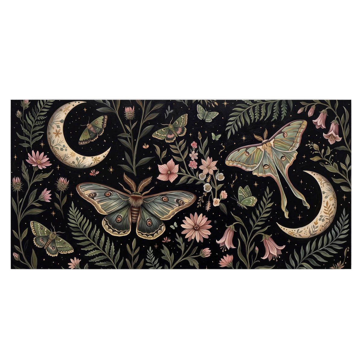 Decorative moths, crescent moons and flowers on black single poster print viewed straight on