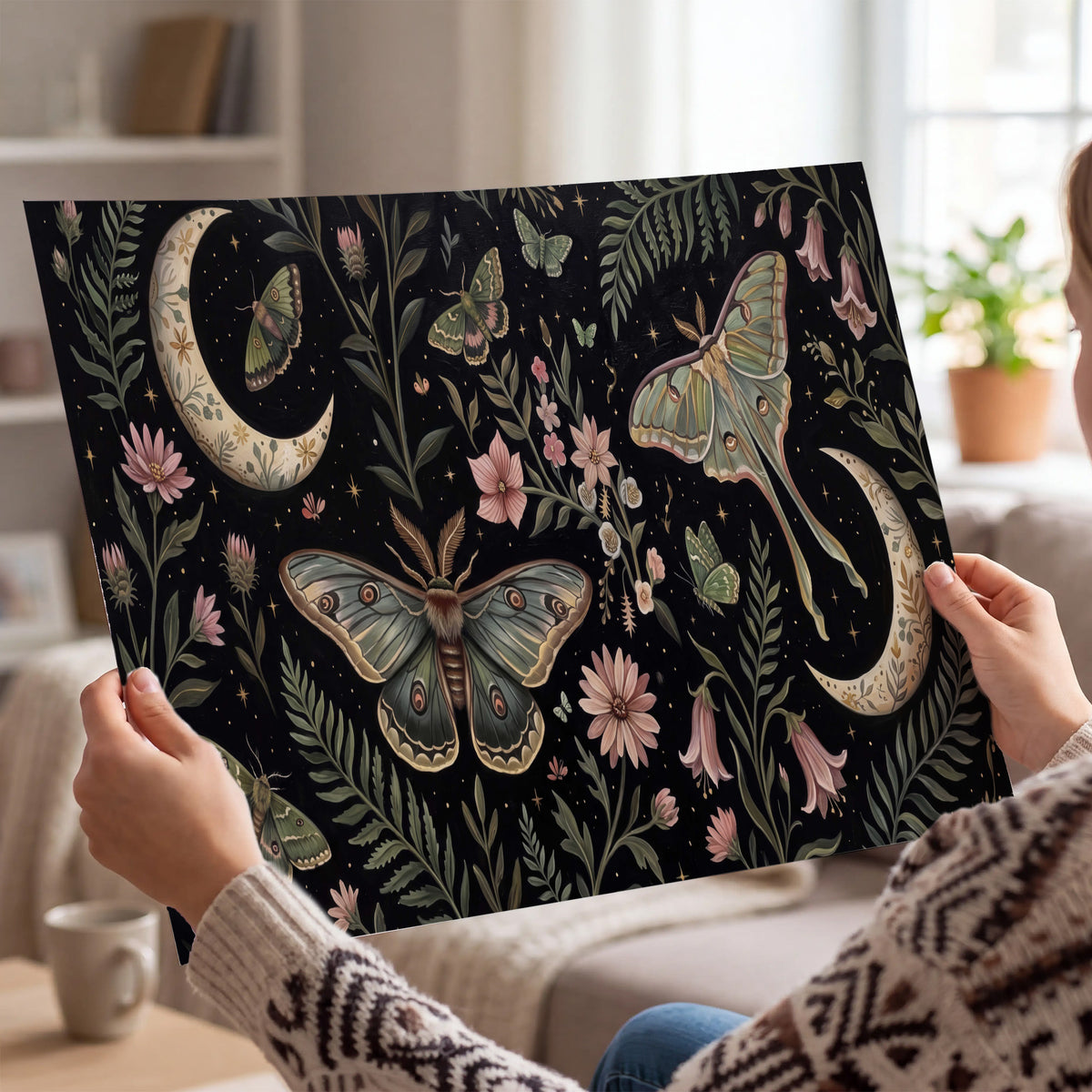 Decorative moths, crescent moons and flowers on black single poster print held in hands