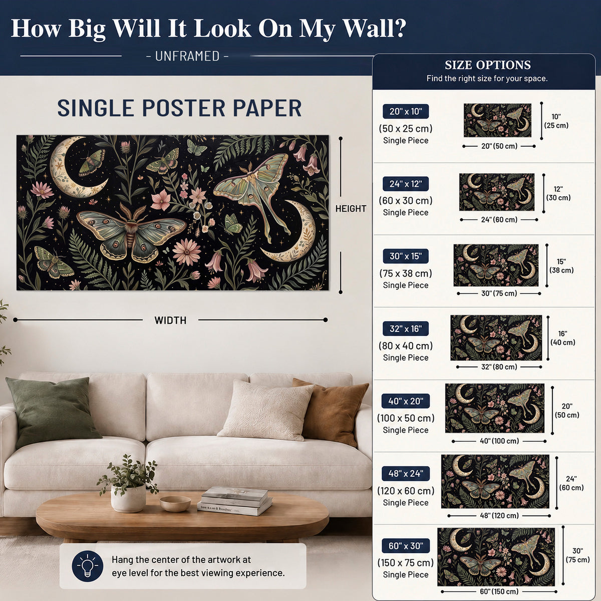 Decorative moths, crescent moons and flowers on black single poster print size guide above a sofa; room view is illustrative