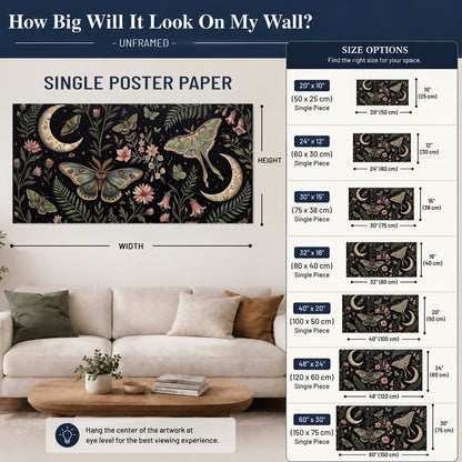 Decorative moths, crescent moons and flowers on black single poster print size guide above a sofa; room view is illustrative