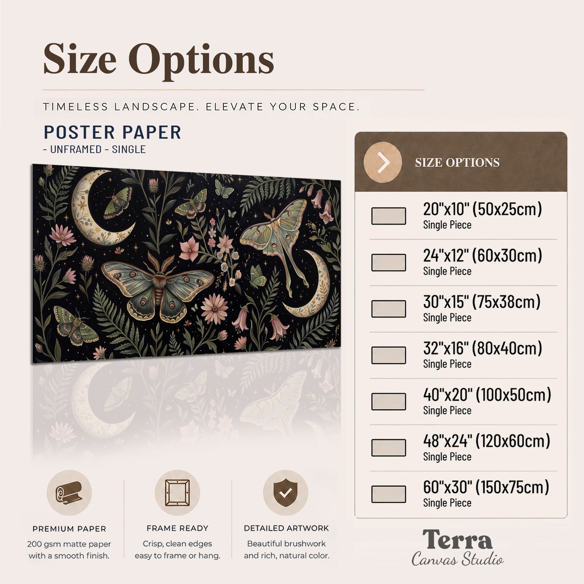 Decorative moths, crescent moons and flowers on black single poster print available dimensions