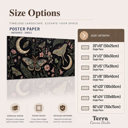 Decorative moths, crescent moons and flowers on black single poster print available dimensions