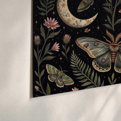 Decorative moths, crescent moons and flowers on black set of 3 poster prints material and edge close up