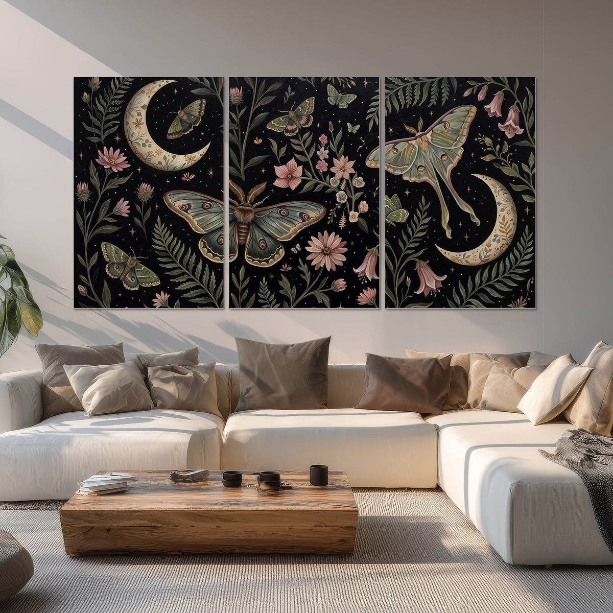 Decorative moths, crescent moons and flowers on black set of 3 poster prints displayed in a living room