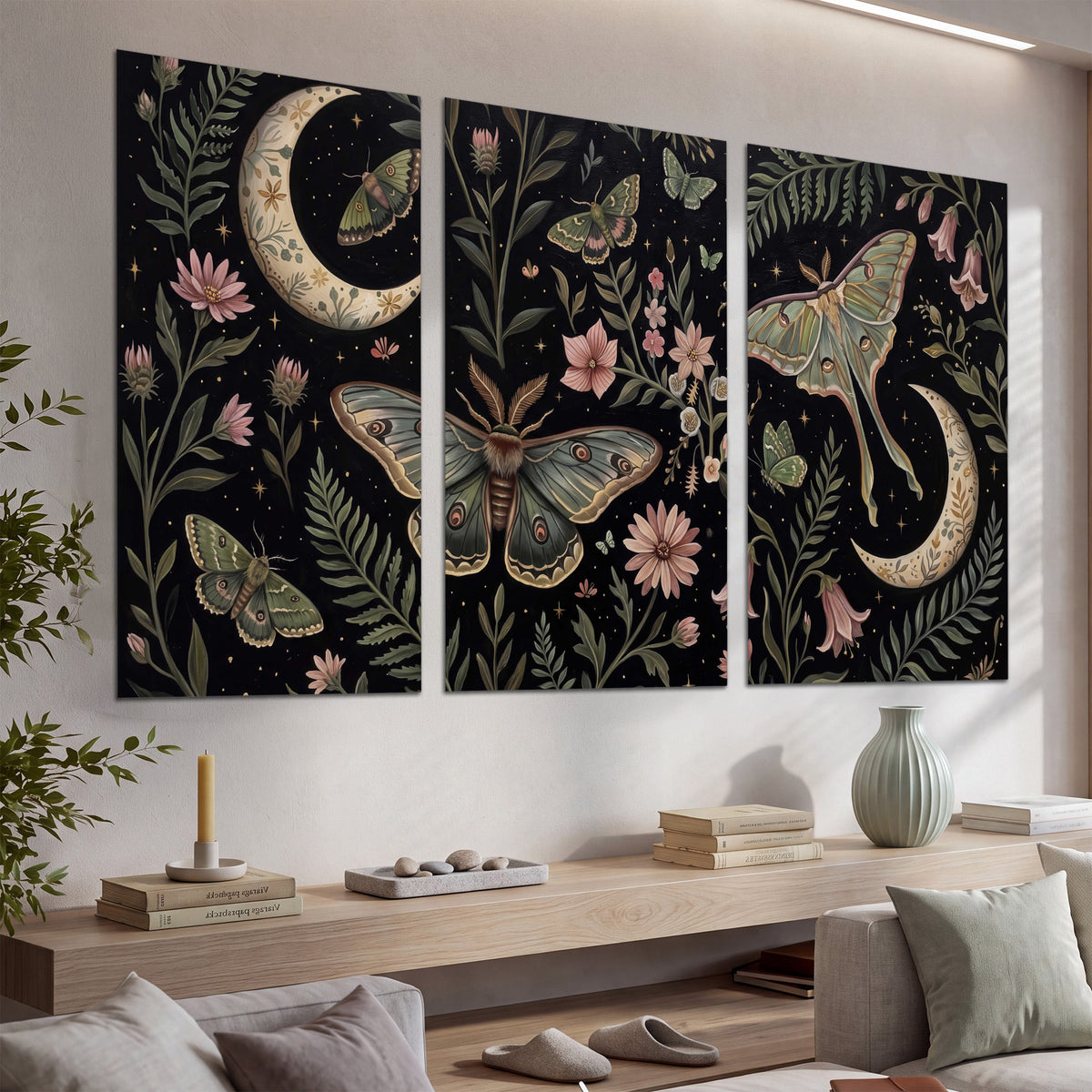 Decorative moths, crescent moons and flowers on black set of 3 poster prints displayed in a console