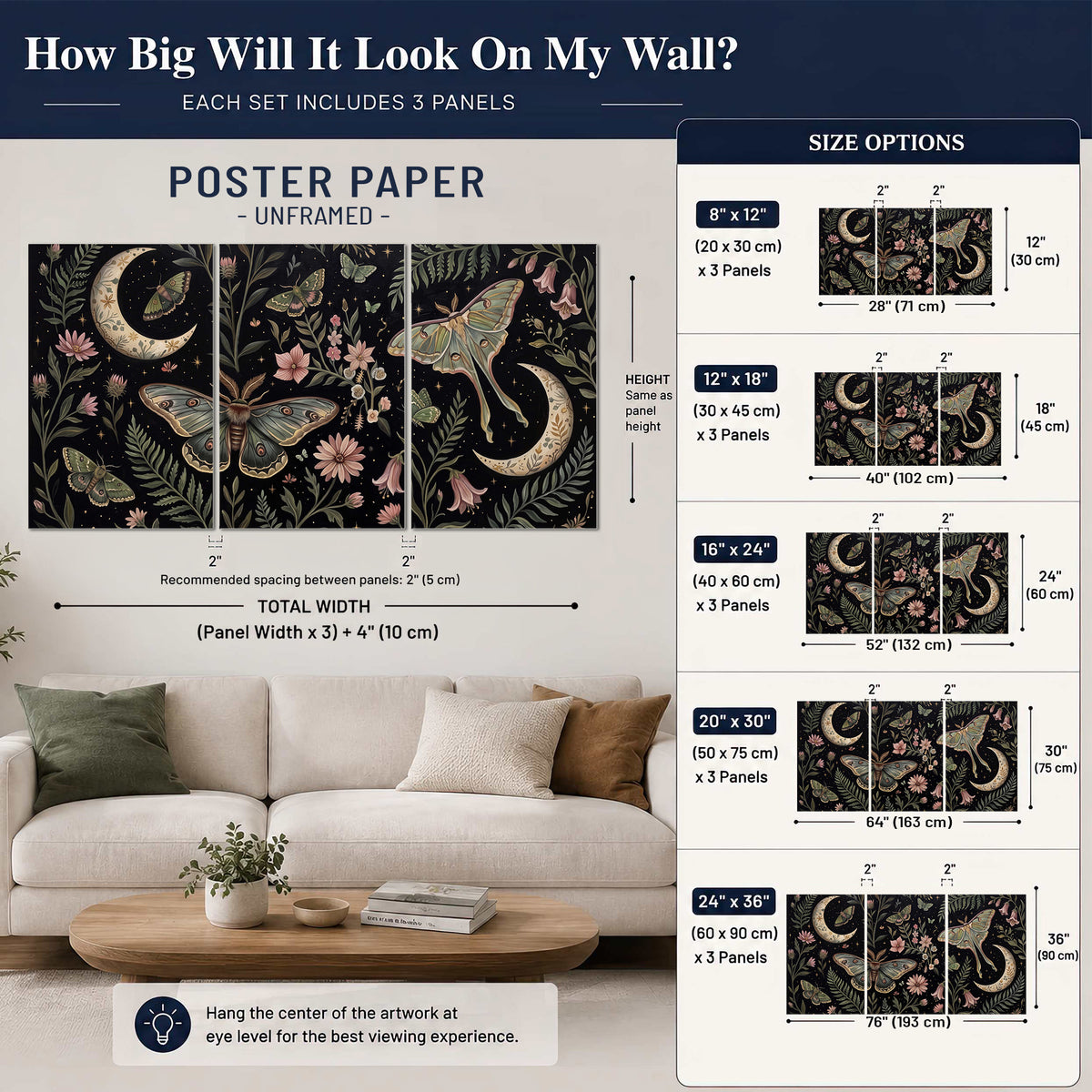 Decorative moths, crescent moons and flowers on black set of 3 poster prints size guide above a sofa; room view is illustrative