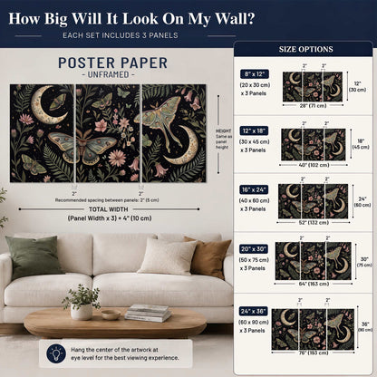 Decorative moths, crescent moons and flowers on black set of 3 poster prints size guide above a sofa; room view is illustrative