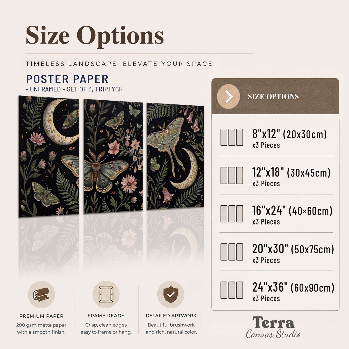 Decorative moths, crescent moons and flowers on black set of 3 poster prints available dimensions; triptych dimensions are per panel