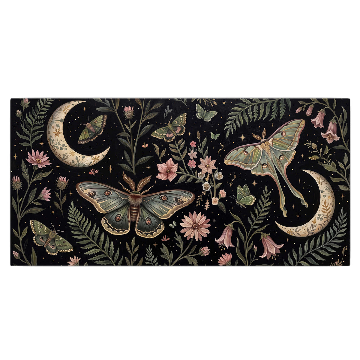 Decorative moths, crescent moons and flowers on black single canvas wall art viewed straight on