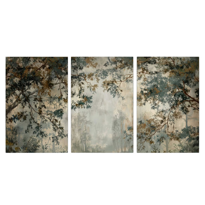 Overhanging branches framing a misty woodland clearing 3 piece canvas wall art viewed straight on
