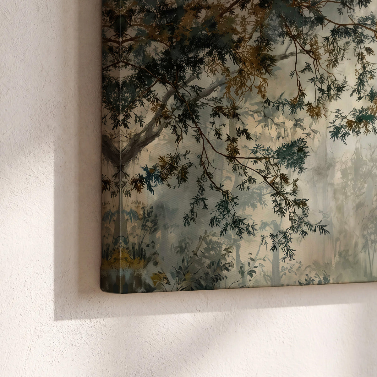 Overhanging branches framing a misty woodland clearing 3 piece canvas wall art material and edge close up