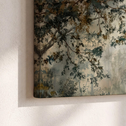 Overhanging branches framing a misty woodland clearing 3 piece canvas wall art material and edge close up