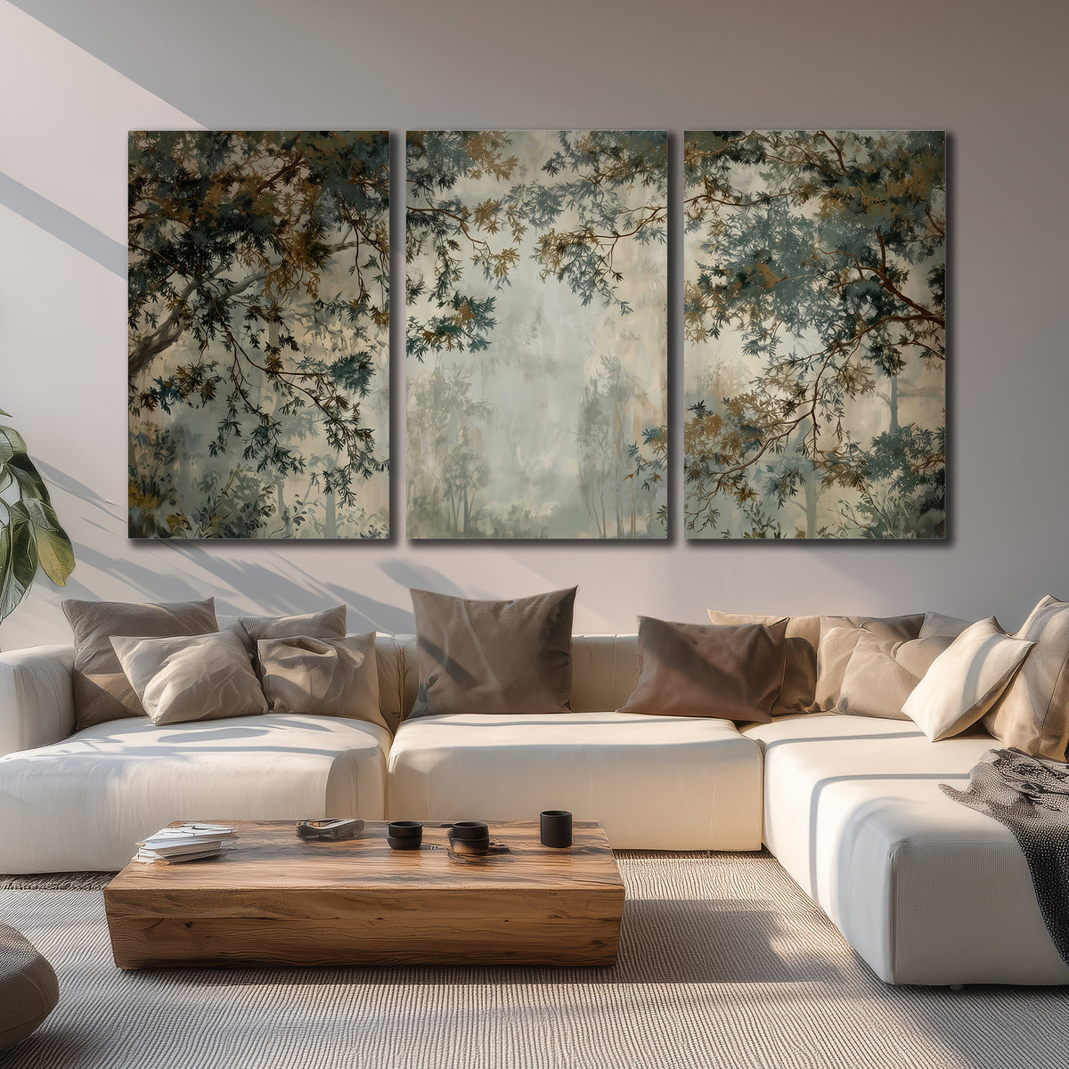 Overhanging branches framing a misty woodland clearing 3 piece canvas wall art displayed in a living room