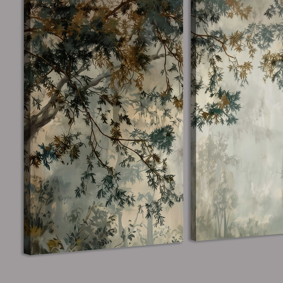 Overhanging branches framing a misty woodland clearing 3 piece canvas wall art room and product view