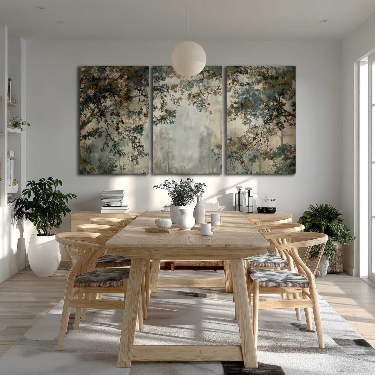 Overhanging branches framing a misty woodland clearing 3 piece canvas wall art room and product view