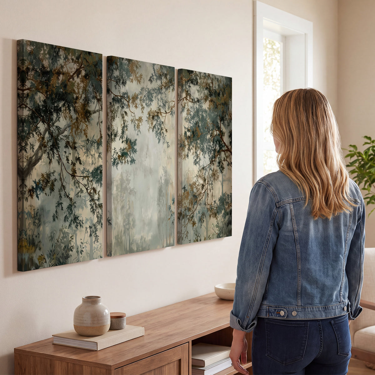 Overhanging branches framing a misty woodland clearing 3 piece canvas wall art three panel arrangement on a wall
