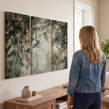 Overhanging branches framing a misty woodland clearing 3 piece canvas wall art three panel arrangement on a wall