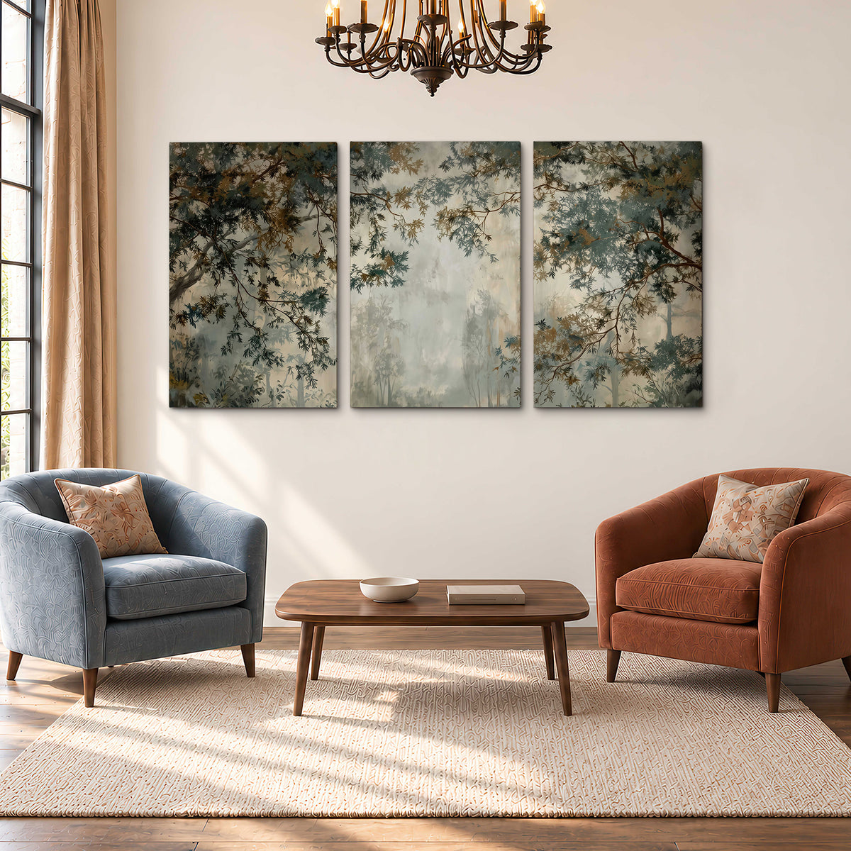 Overhanging branches framing a misty woodland clearing 3 piece canvas wall art styled in an interior