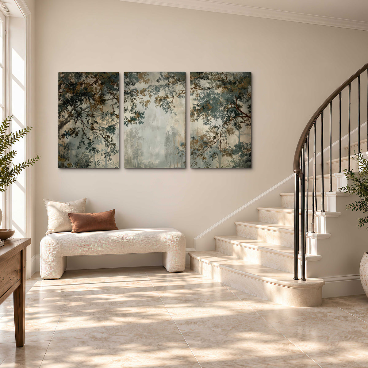 Overhanging branches framing a misty woodland clearing 3 piece canvas wall art styled in an interior