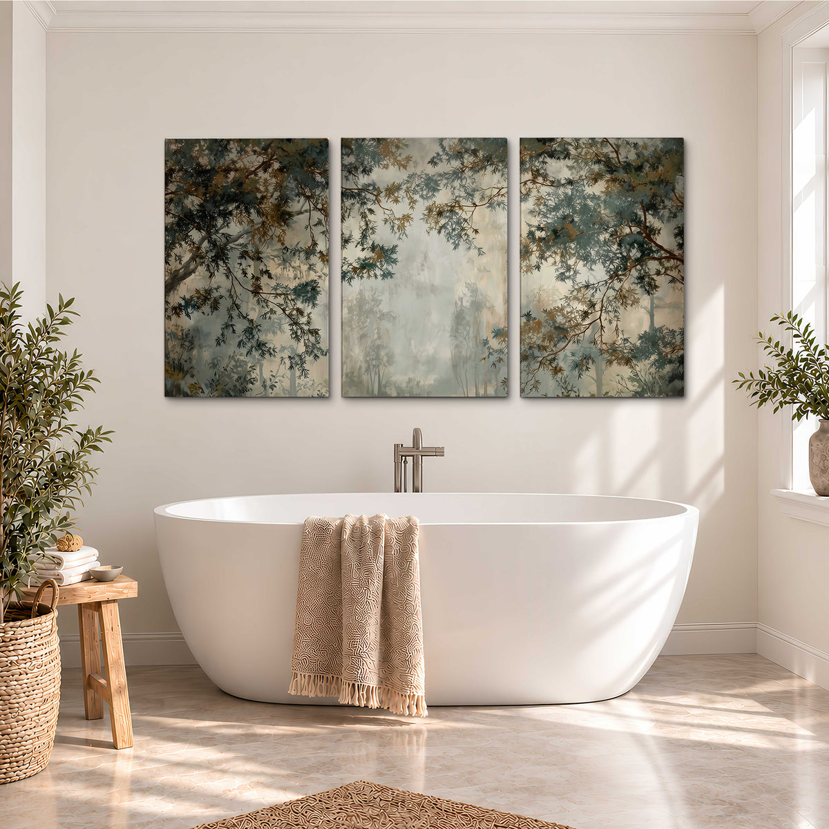 Overhanging branches framing a misty woodland clearing 3 piece canvas wall art styled in an interior
