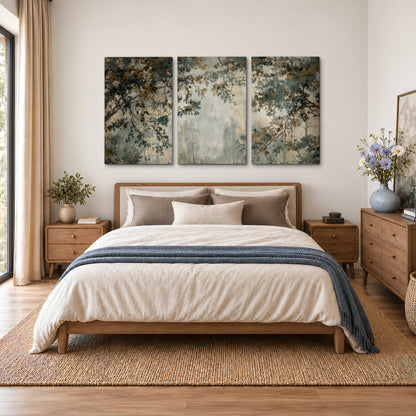 Overhanging branches framing a misty woodland clearing 3 piece canvas wall art styled in an interior