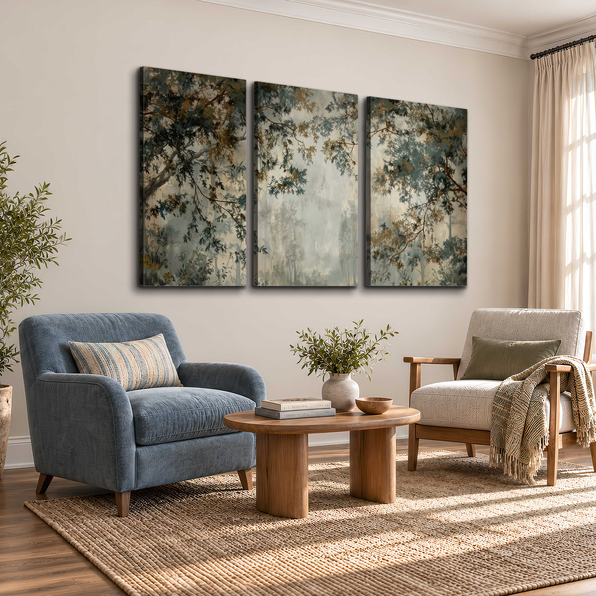 Overhanging branches framing a misty woodland clearing 3 piece canvas wall art styled in an interior
