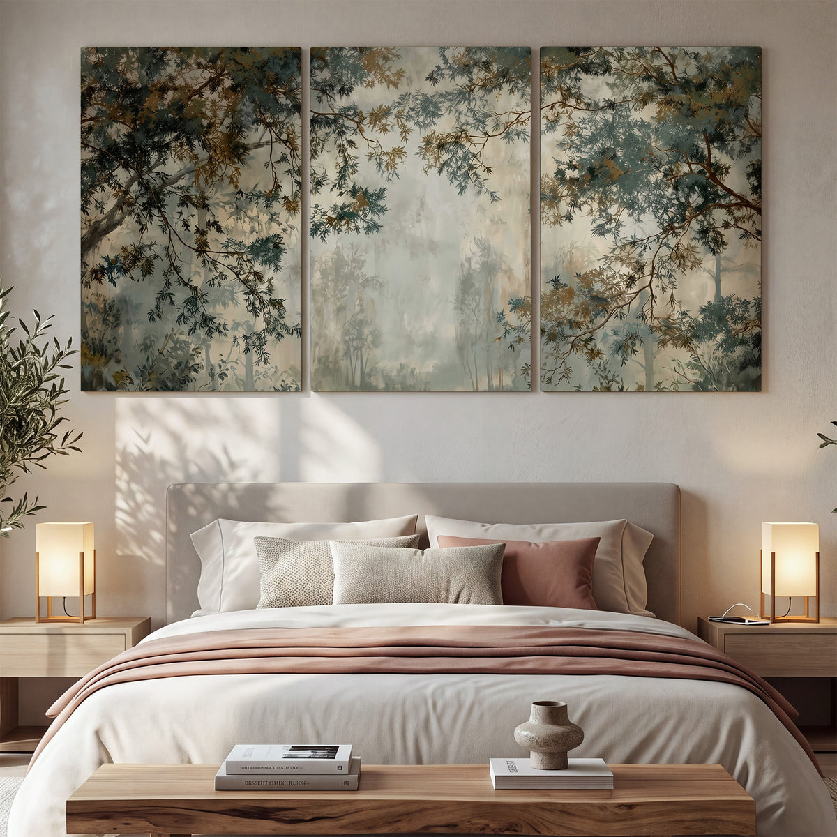 Overhanging branches framing a misty woodland clearing 3 piece canvas wall art displayed in a bedroom