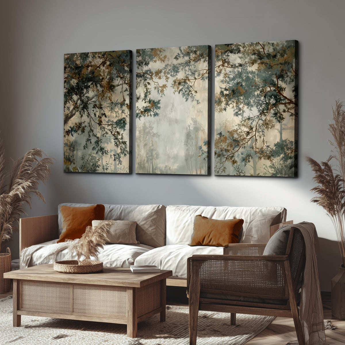 Overhanging branches framing a misty woodland clearing 3 piece canvas wall art displayed in a rustic living room