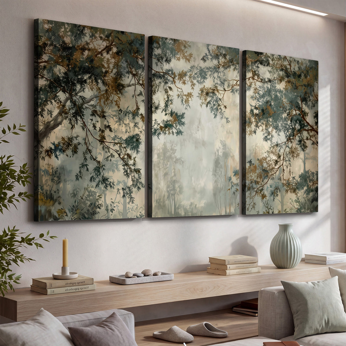 Overhanging branches framing a misty woodland clearing 3 piece canvas wall art displayed in a console