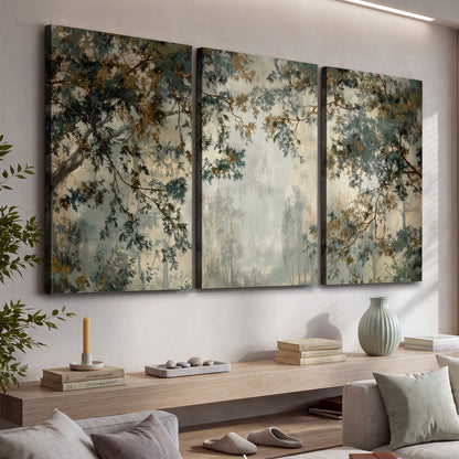 Overhanging branches framing a misty woodland clearing 3 piece canvas wall art displayed in a console