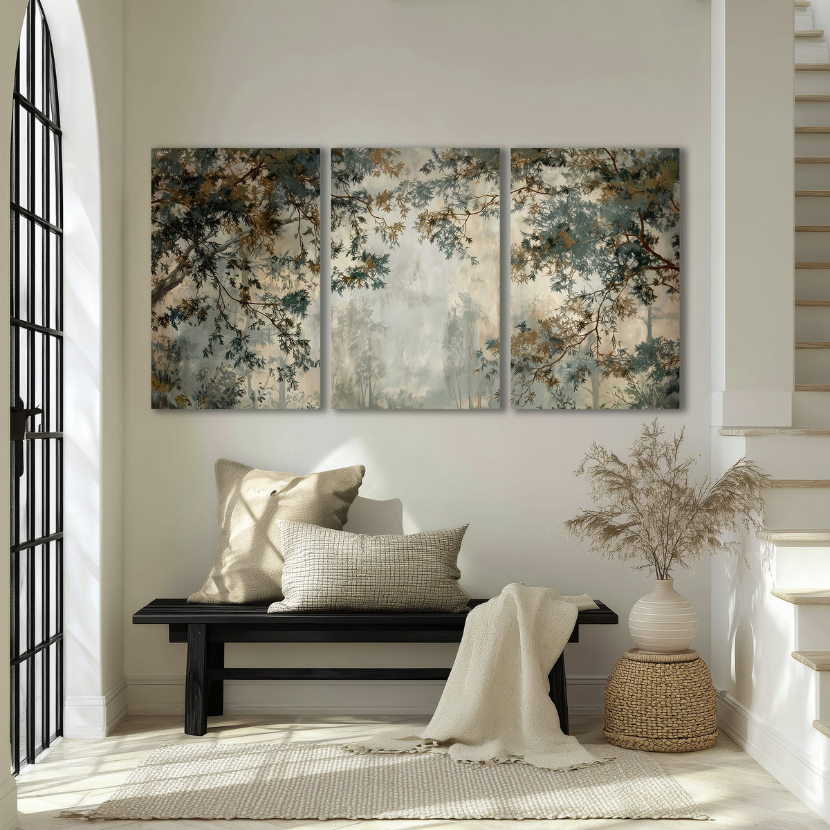 Overhanging branches framing a misty woodland clearing 3 piece canvas wall art displayed in a entryway