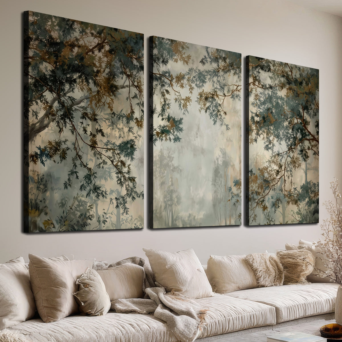 Overhanging branches framing a misty woodland clearing 3 piece canvas wall art room and product view