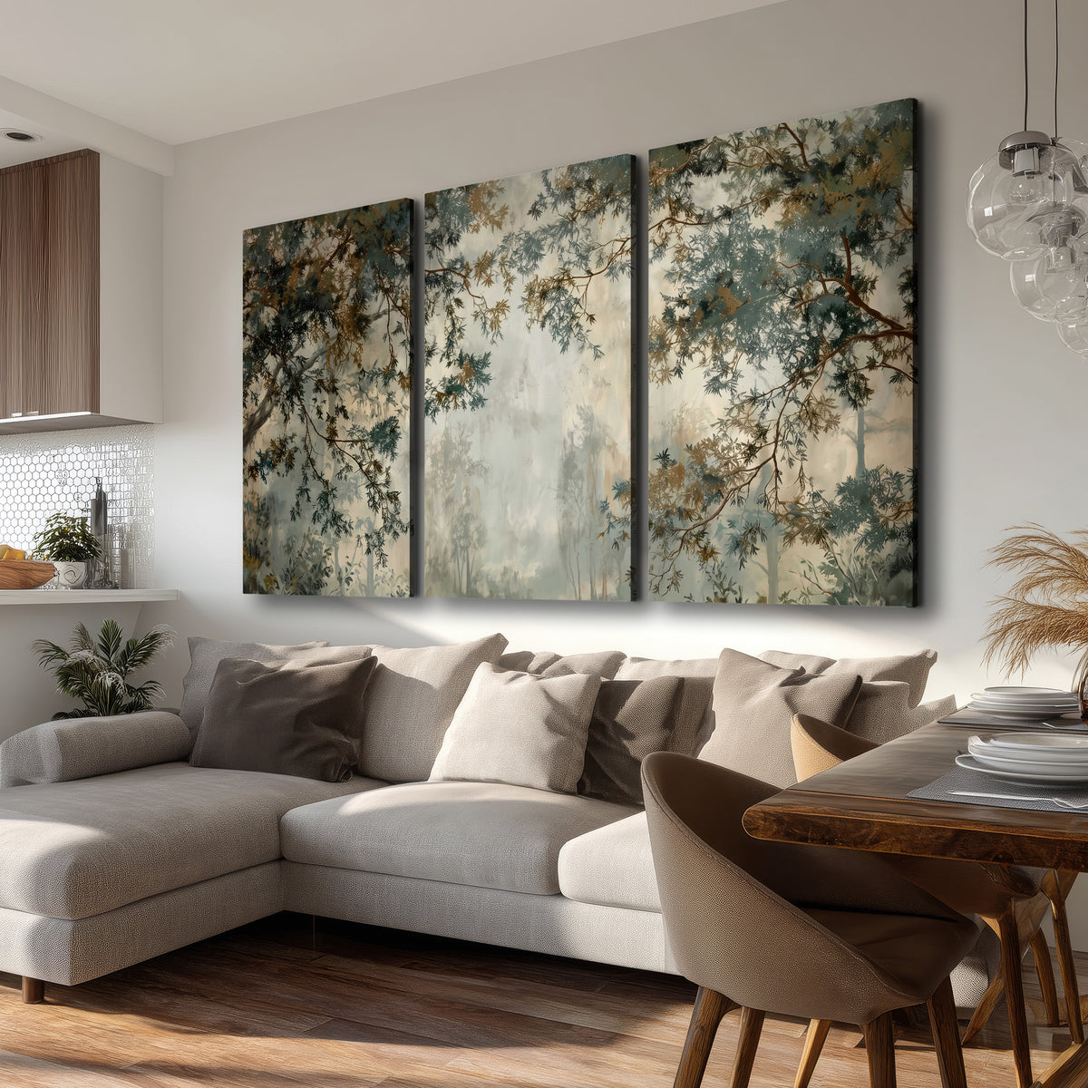 Overhanging branches framing a misty woodland clearing 3 piece canvas wall art room and product view