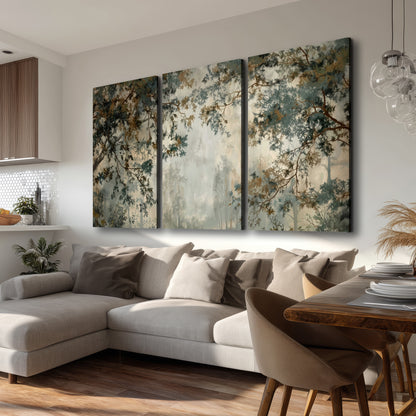 Overhanging branches framing a misty woodland clearing 3 piece canvas wall art room and product view