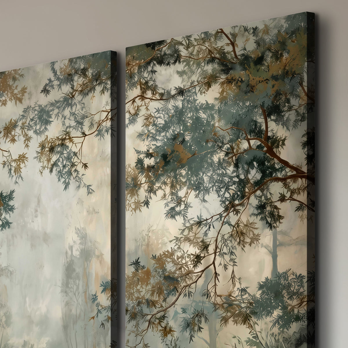Overhanging branches framing a misty woodland clearing 3 piece canvas wall art room and product view