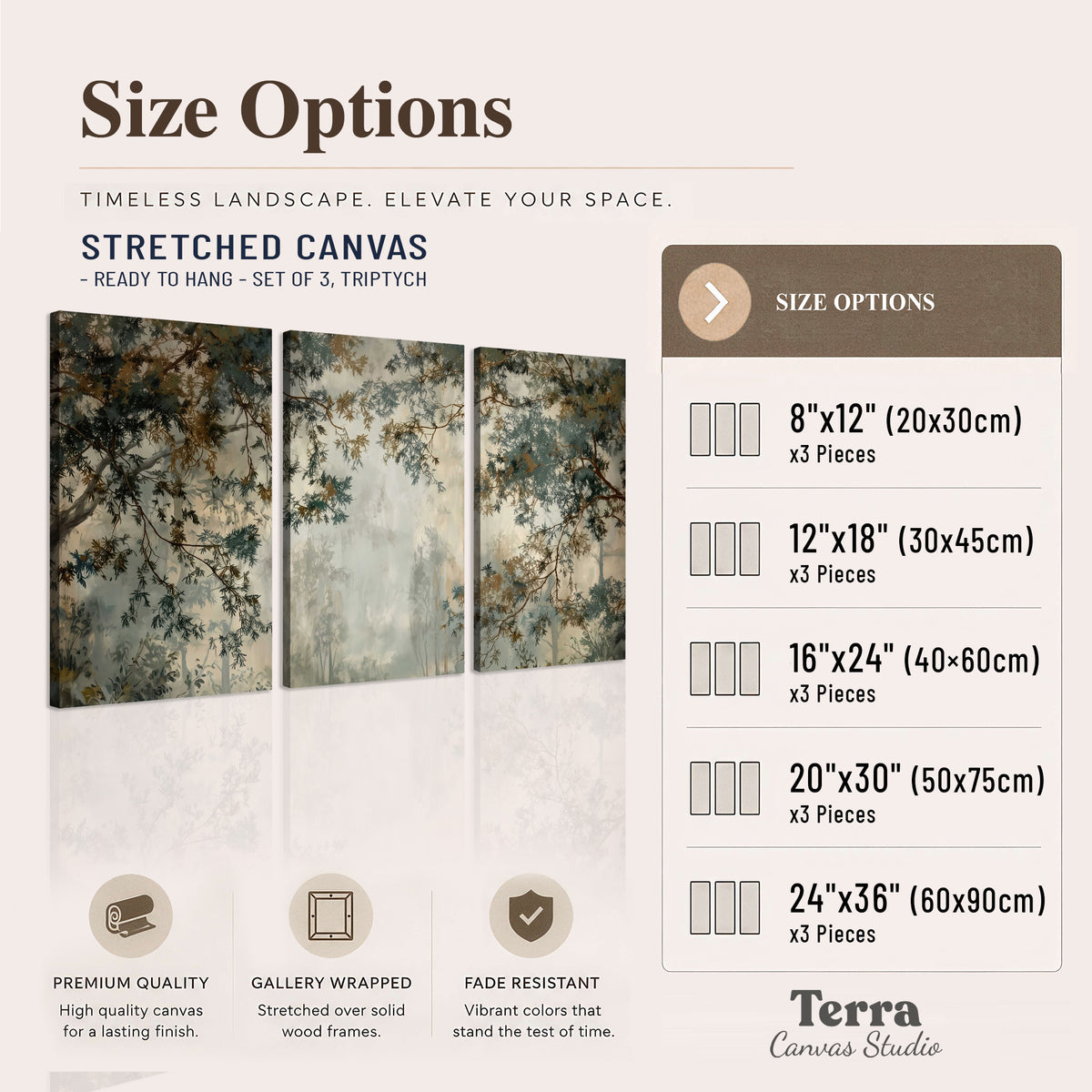 Overhanging branches framing a misty woodland clearing 3 piece canvas wall art available dimensions; triptych dimensions are per panel