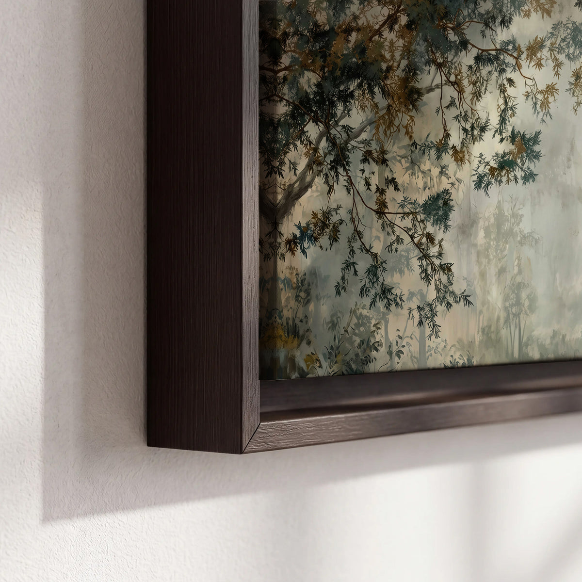 Overhanging branches framing a misty woodland clearing 3 piece framed canvas wall art material and edge close up