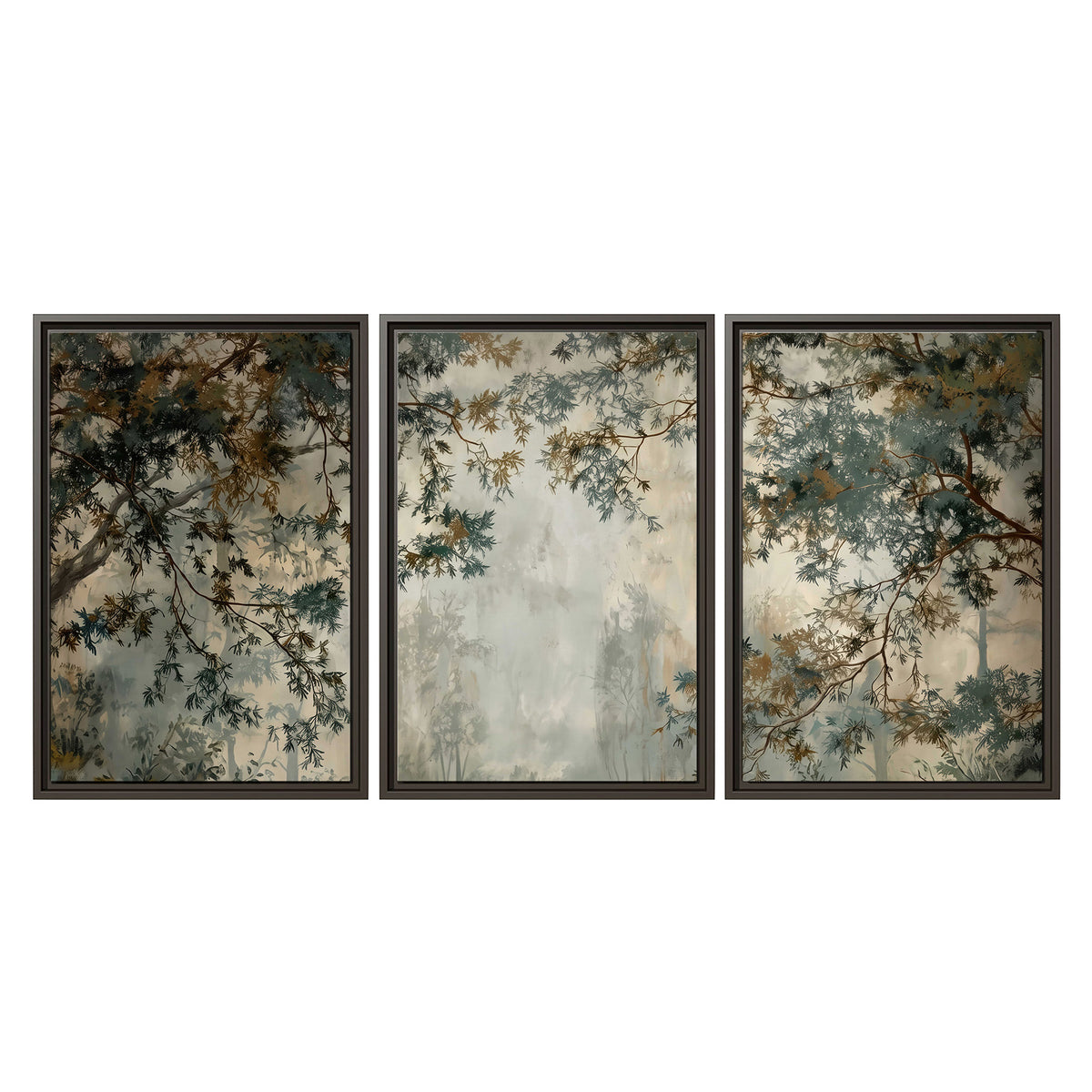 Overhanging branches framing a misty woodland clearing 3 piece framed canvas wall art viewed straight on