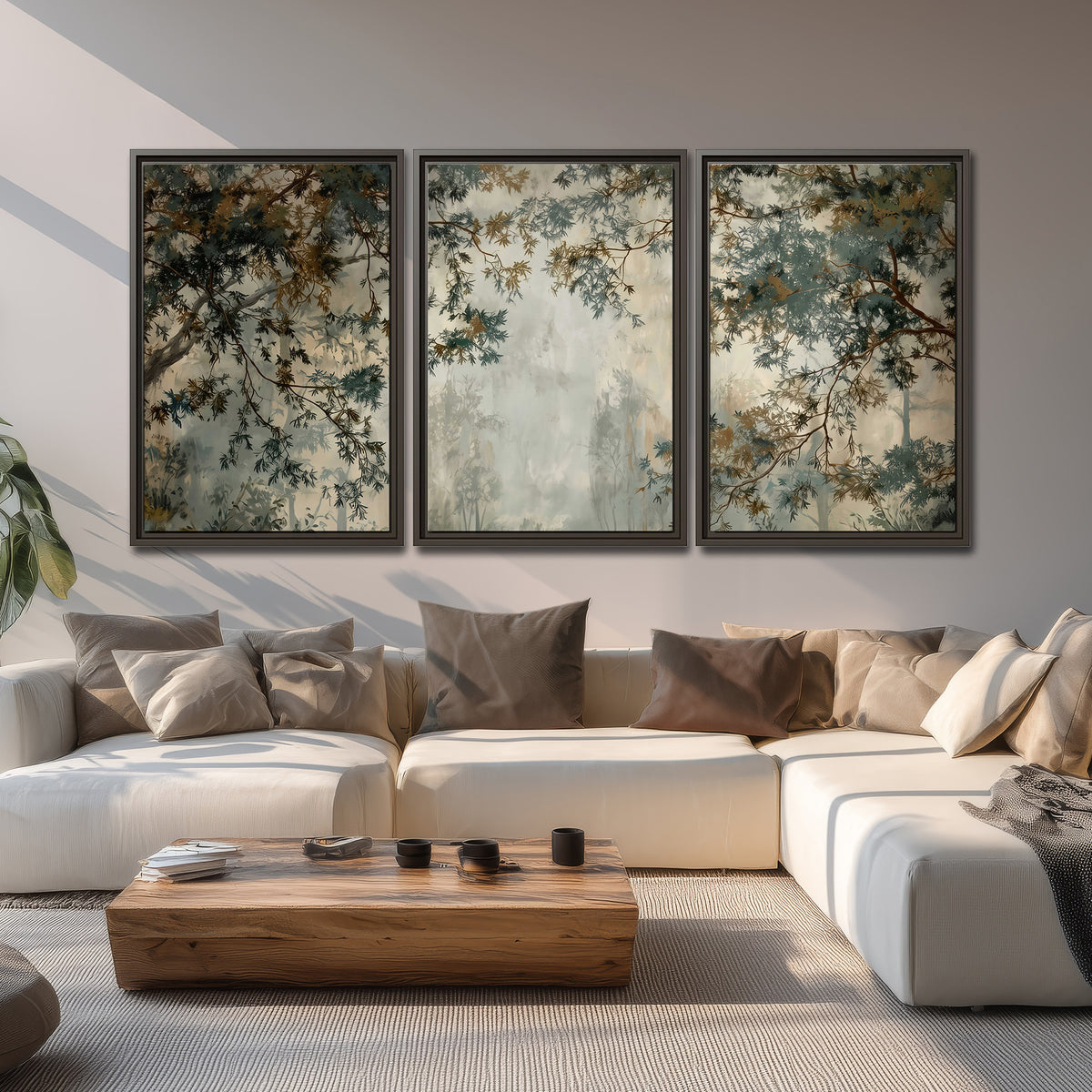 Overhanging branches framing a misty woodland clearing 3 piece framed canvas wall art displayed in a living room