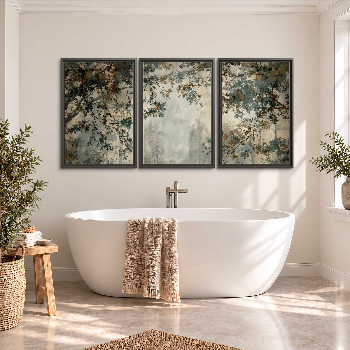 Overhanging branches framing a misty woodland clearing 3 piece framed canvas wall art styled in an interior