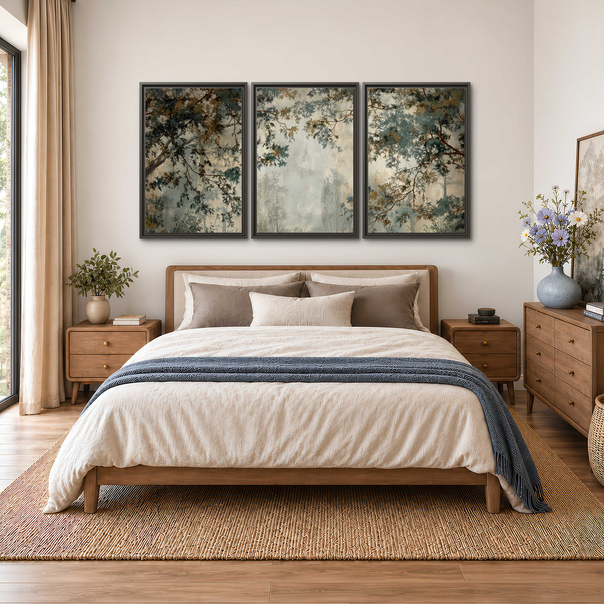 Overhanging branches framing a misty woodland clearing 3 piece framed canvas wall art styled in an interior