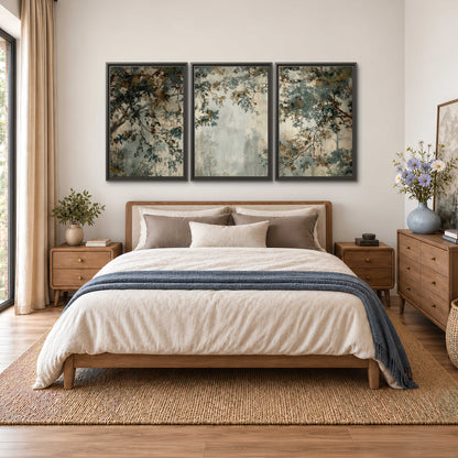 Overhanging branches framing a misty woodland clearing 3 piece framed canvas wall art styled in an interior
