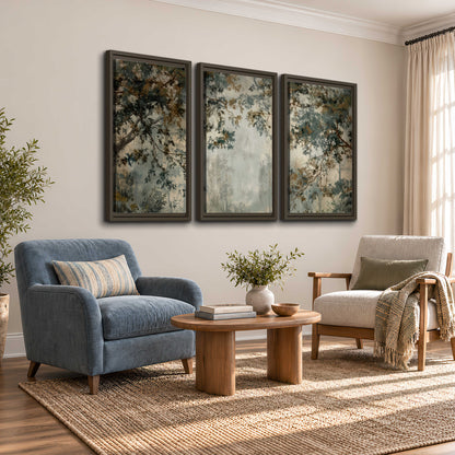 Overhanging branches framing a misty woodland clearing 3 piece framed canvas wall art styled in an interior