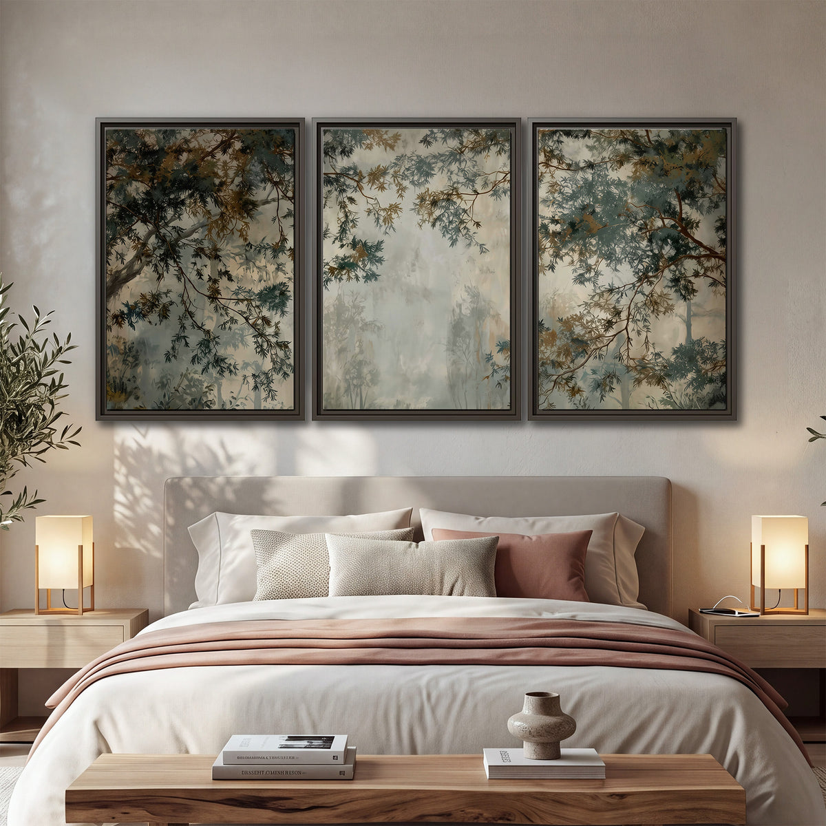 Overhanging branches framing a misty woodland clearing 3 piece framed canvas wall art displayed in a bedroom