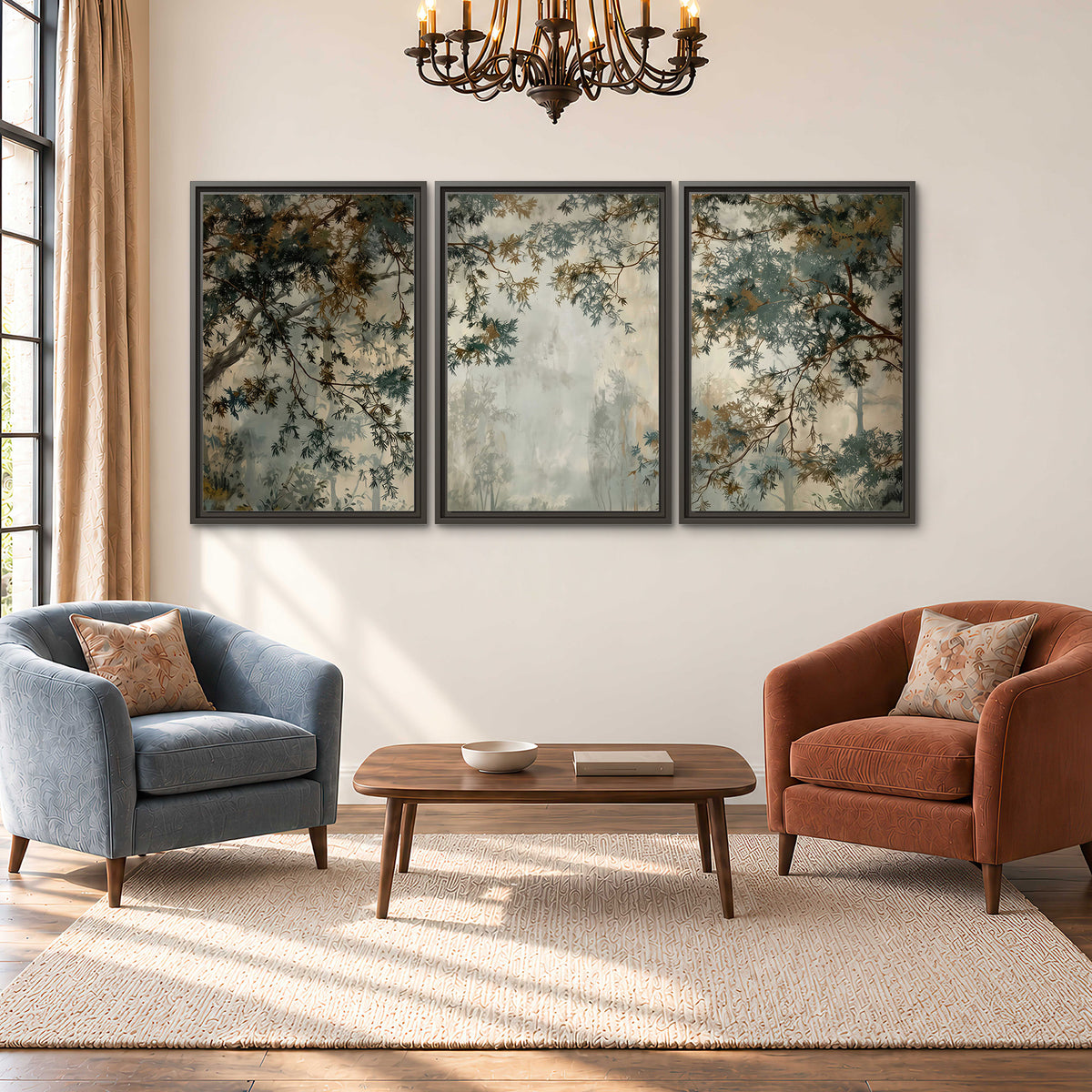 Overhanging branches framing a misty woodland clearing 3 piece framed canvas wall art styled in an interior